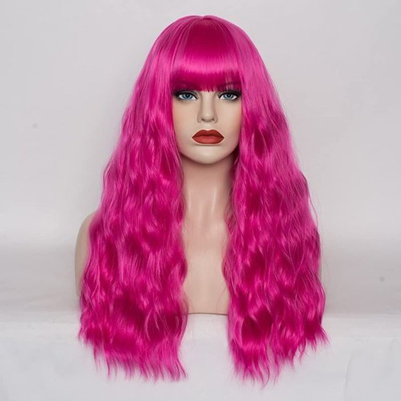 WGPFWIG Women's Hot Pink Wig 22''Long Curly Wavy Wig Shoulder Length Flat Bangs Wig For Women Girl Cosplay Party Halloween Wig Cap Included (22''Hot Pink)
