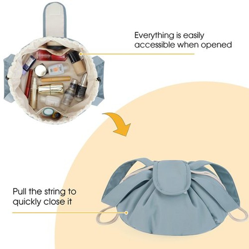 Barrel Drawstring Makeup Bag Large Cosmetic Bag Make up Bags Toiletry Organizer for Women (Greyish Blue) (Patent)