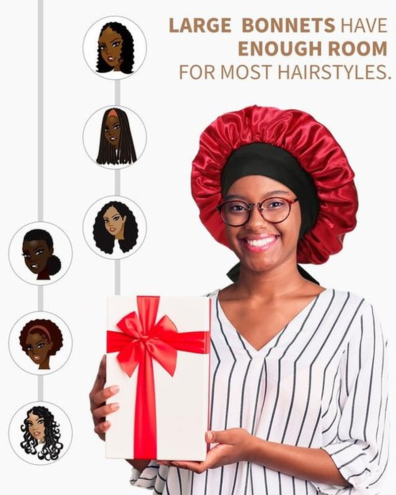Satin Bonnet for Women Silk Bonnets for Sleeping Curly Hair Bonnet with Elastic Tie Band Reversible Double Layer Sleep Cap Hair Wrap (Black + Red)