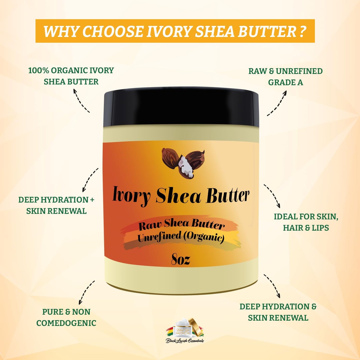 Black Lavish Essentials Organic West-African Ivory Shea Butter, Raw & Unrefined Grade A Shea Butter, DIY Ingredient, Moisture-Rich Skin & Hair Butter, Fast Absorbing, 8 oz Jar