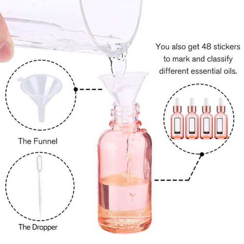 PrettyCare 1 oz Eye Dropper Bottle (24 Pack Rose Glass Bottles 30ml with Measured Pipettes, Golden Caps & 48 Labels, Funnel) Empty Tincture Bottles for Essential Oils, Perfume Pink