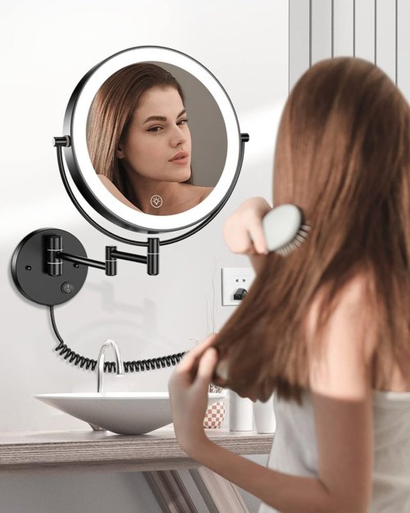 Gospire 9” Wall Mounted Lighted Makeup Vanity Mirror with 3 Color Lights & Stepless Dimming, 1X/10X Magnifying LED Double Sided Bathroom Touch Sensor Extendable Arm 360° Swivel Shaving Cosmetic Mirror
