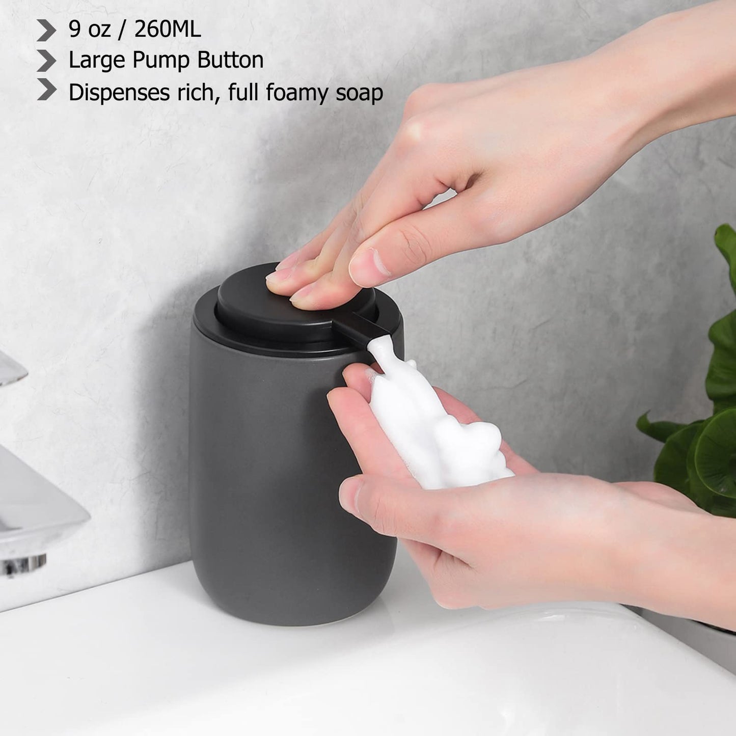 rejomiik Foaming Soap Dispenser Thick Ceramic Foam Hand Soap Dispenser for Bathroom or Kitchen Sink, Liquid Pump Bottles for Hand soap, Body Wash, Grey