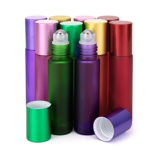 Kesell 10 Pack - 5 Color 10ml Frosted Glass Roller Bottles Vials with Stainless Steel Roller Ball for Essential Oils, Aromatherapy, Perfumes and Lip Balms