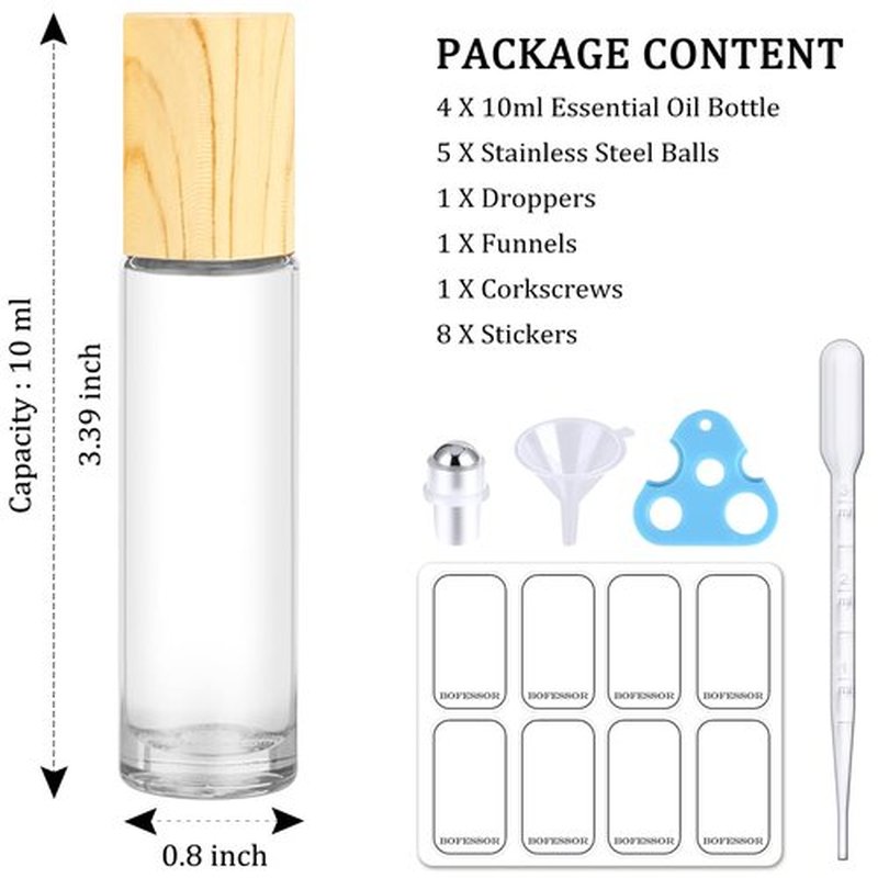 4 Pack, Essential Oil Roller Bottles, Clear Glass Roller Balls for Essential Oils, 10ml Empty Rollerball Bottles for Travel Refillable Roll on Perfume Bottles with Bamboo Plastic Caps