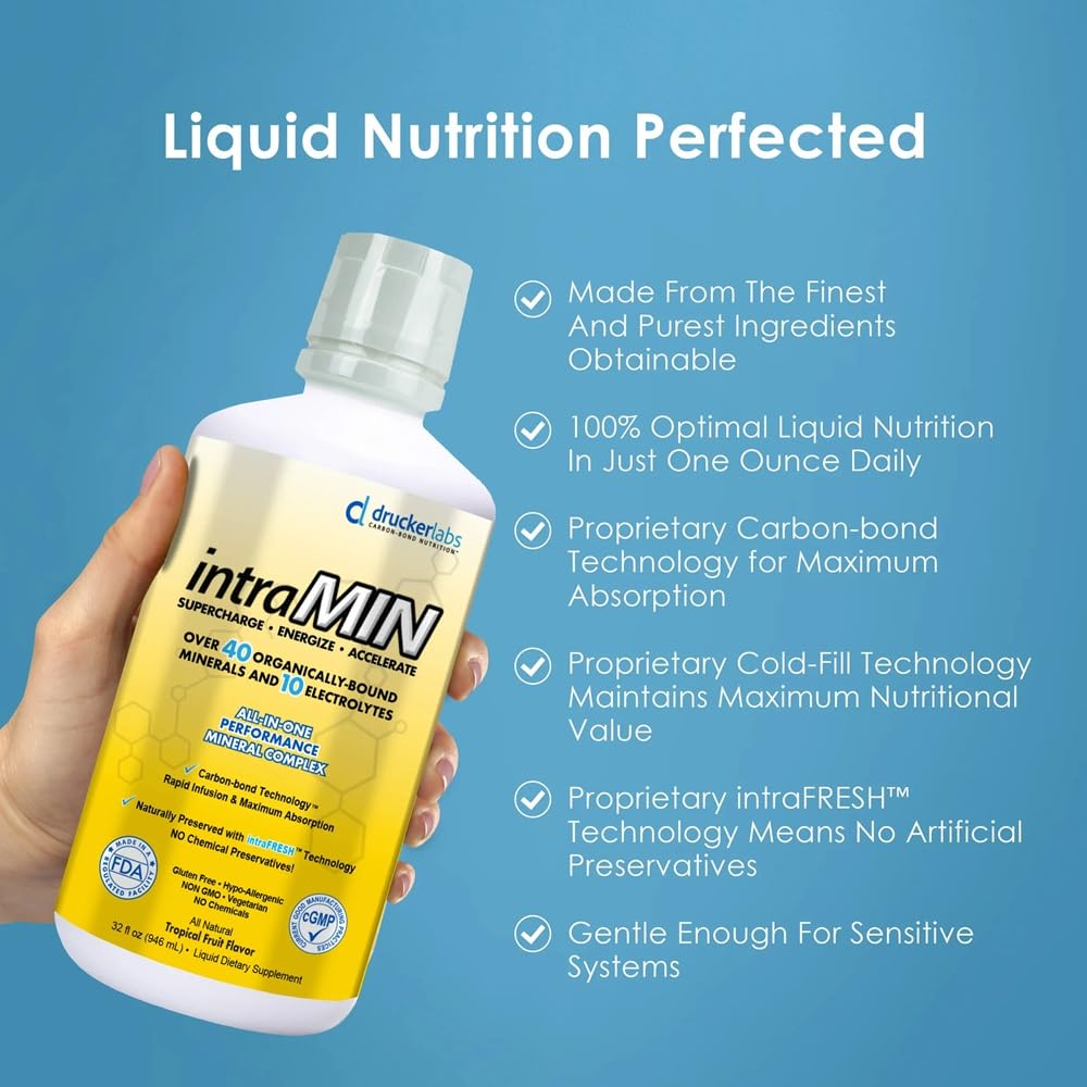 IntraMin Drucker Labs Organic Liquid Minerals Dietary Supplement for Men, Women, Kids, Immune Support, Muscle Support, Non GMO, Gluten Free, Vegan, Electrolytes (32 oz., Tropical Fruit)