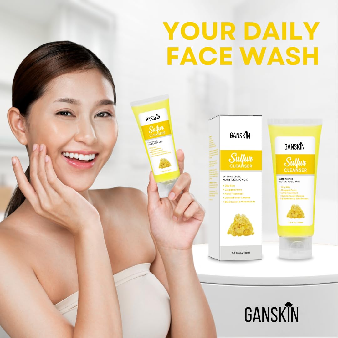 Ganskin Sulfur Soap – Sulfur Face & Body Wash – Sulphur Exfoliating Facial Cleanser Absorbs Excess Oil, Reduces the Look of Breakouts & Cleanses Skin – Natural Oily & Blemish-Prone Skin Care