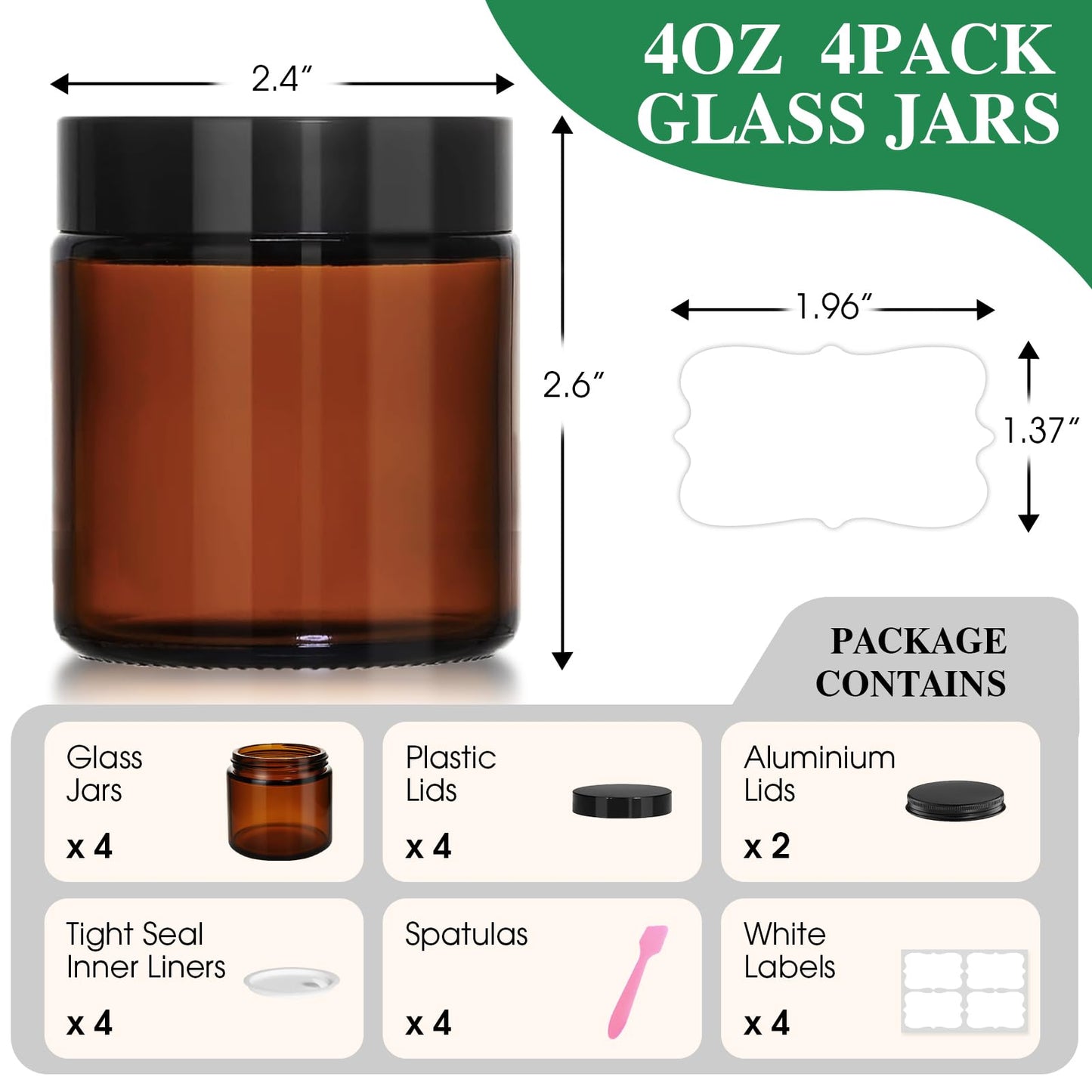 DPLASKA 4 oz Glass Jars with Lids, 4 Pack Small Amber Jars with Black Lids