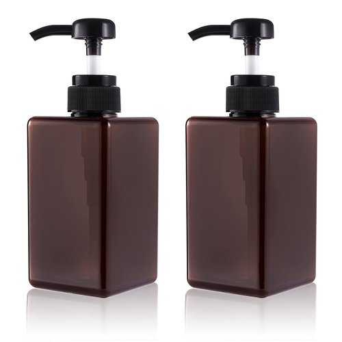 Pump Bottle, Refillable Plastic Empty Lotion Soap Dispenser Liquid Container for Bathroom Shampoo and Body Wash, 15oz/450ml Amber 2 Pack