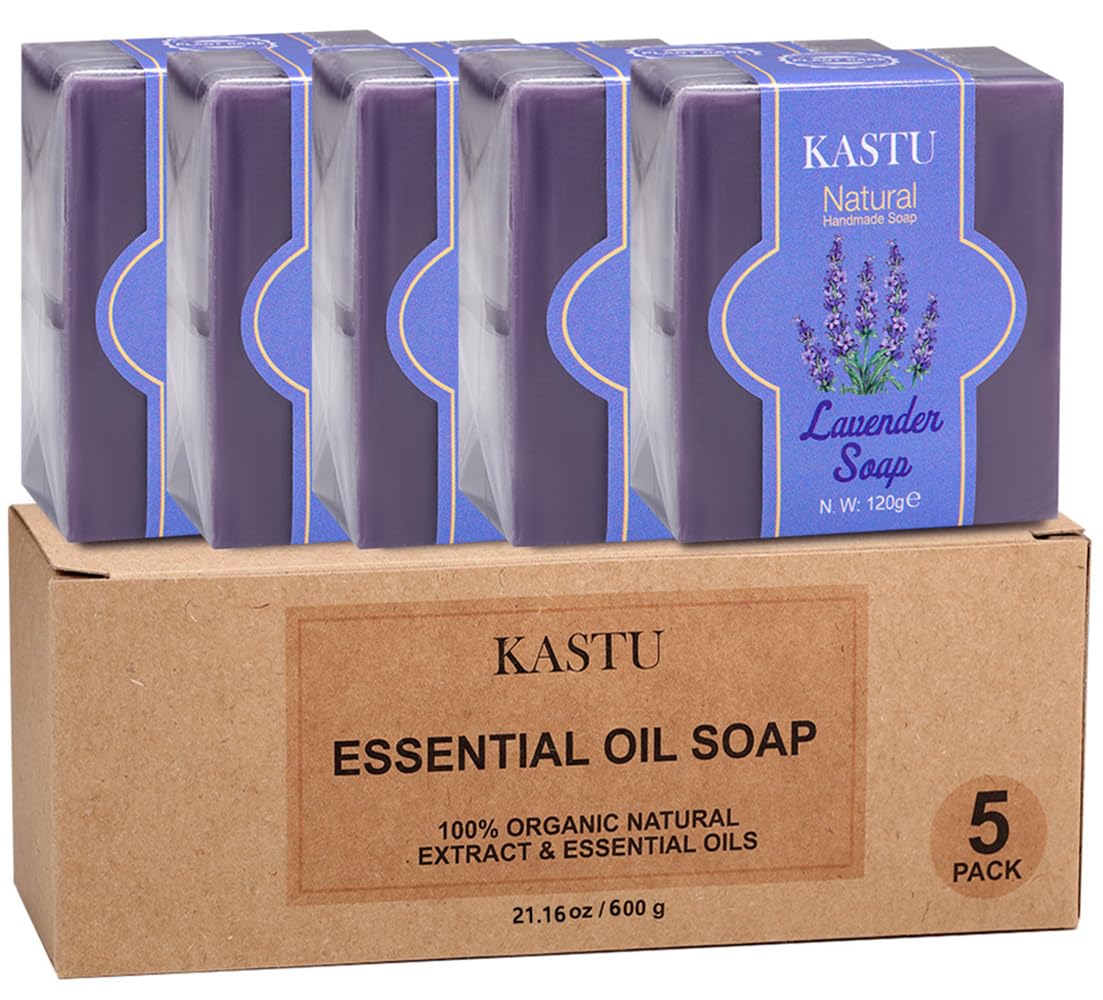 kastu Lavender Oils Soap Bar for Face & Body,Moisturizing,Softer Skin,Natural Handmade,Hypoallergenic Beauty Bar Sensitive Skin With Gentle Cleanser,Men and Women,5PCS X 120g