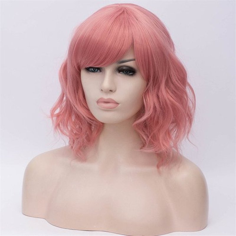 BUFASHION 14" Women Short Wavy Curly Wig Light Pink Bob Wig Cosplay Halloween Synthetic Wigs with Side Bang Wig(Light Pink)