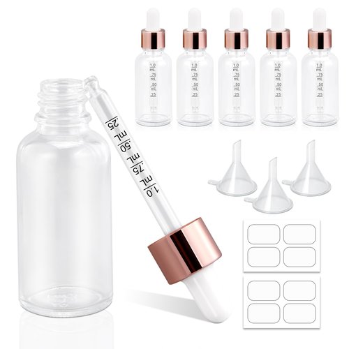 UMETASS 1oz Glass Dropper Bottle with Glass Pipette, 30ml Glass Eye Dropper Bottles Leakproof Glass Tincture Bottles for Travel Essential Oils (6pcs-Clear)