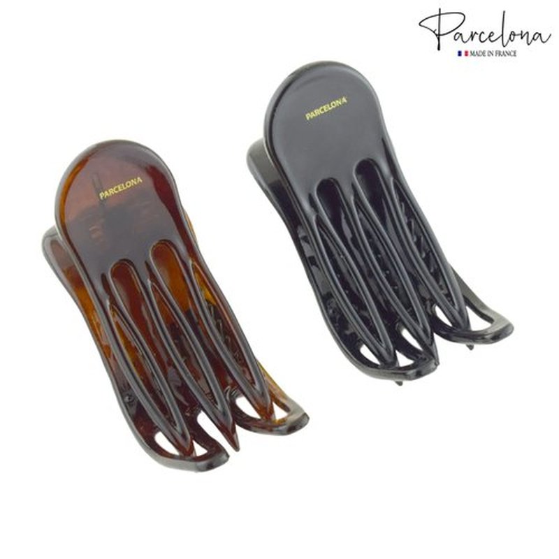 Parcelona French Simply Bear Cub Paw Set of 2 Tortoise Shell and Black Celluloid Medium Side Slide In Jaw Yoga Hair Claws Clips