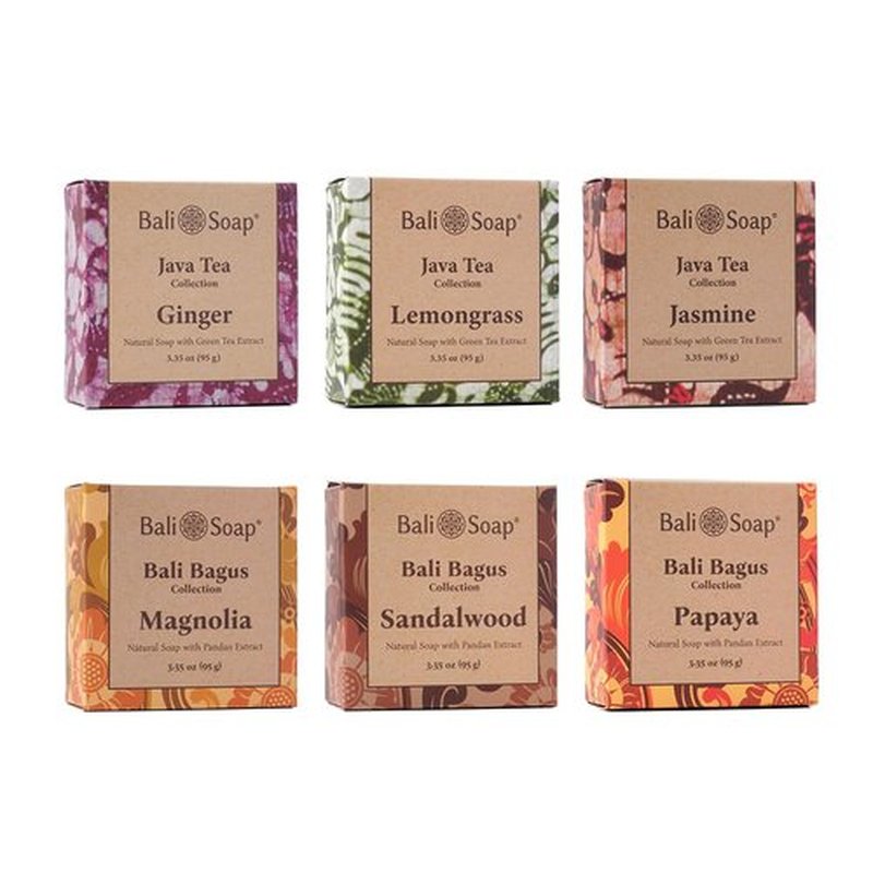 Bali Soap - Batik Gift Set - Handmade Moisturizing Natural Soap Bar for Face & Body, Vegan Handmade Plant Based, 3.5 Oz each Mix 6 Pack (Jasmine/Lemongrass/Ginger/Magnolia/Papaya/Sandaldwood)