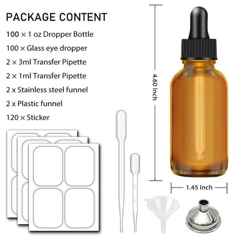 Bumobum 1oz Dropper Bottles for Essential Oils, 100 Pack 30ml Amber Glass Dropper Bottles with Eye Dropper, 10 Funnel and 10 Long Dropper, Empty Tincture Bottles for Travel, Home use
