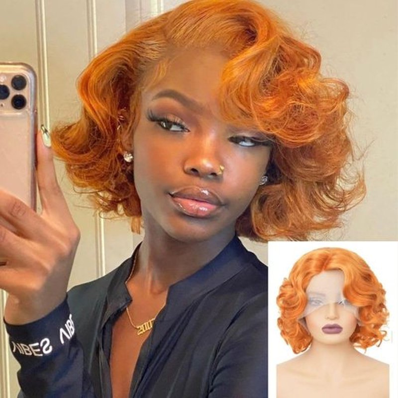 Siudus Orange Lace Front Wigs for Women Short Curly Side Part Finger Wave Synthetic Hair Wig Halloween Costume Wigs