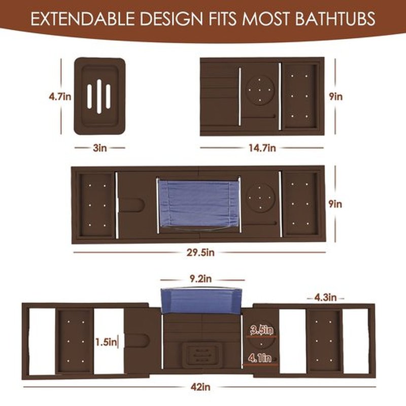 Foldable Bathtub Caddy Tray, Bamboo Bath Tub Tray Table for Tub with Wine Glass Holder Book Phone Tablet Holder with Extending Sides, Adjustable Bathroom Bathtub Free Soap Holder Gift Idea (Brown)