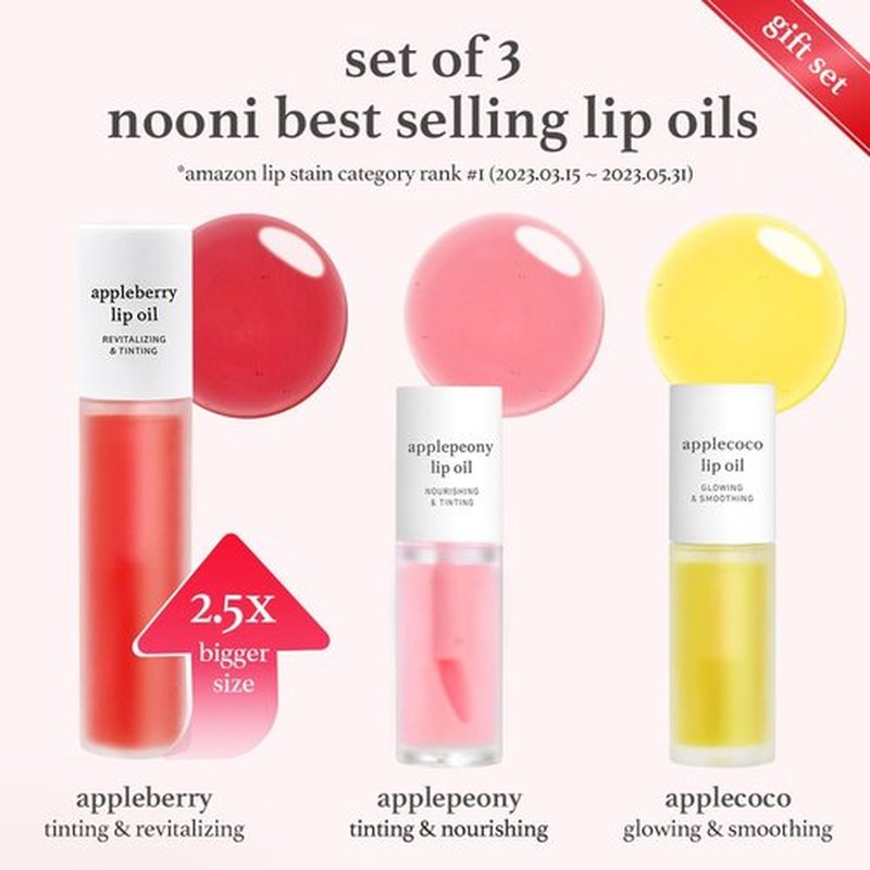 NOONI Korean Vegan Lip Oil Gift Set - Limited Edition | Lip Stain, Long Lasting, Moisturizing, Plumping | Korean Lip Tint, Stocking Stuffers Holiday Gift Sets for Women (Set of 3)