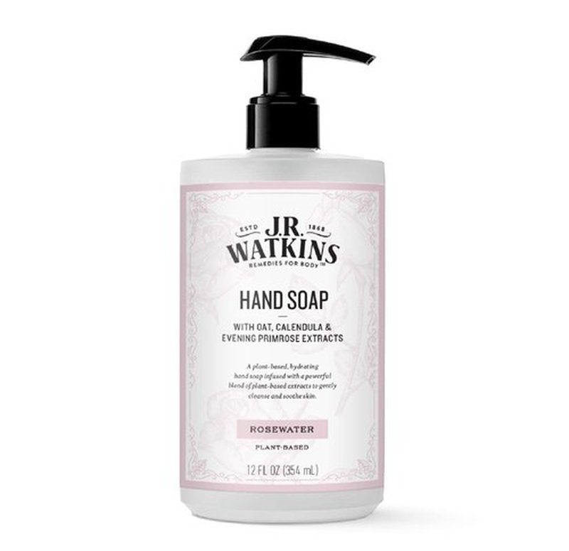 J R Watkins Moisturizing Gel Hand Soap, Rosewater, Plant Based Ingredients, 12 oz Pump
