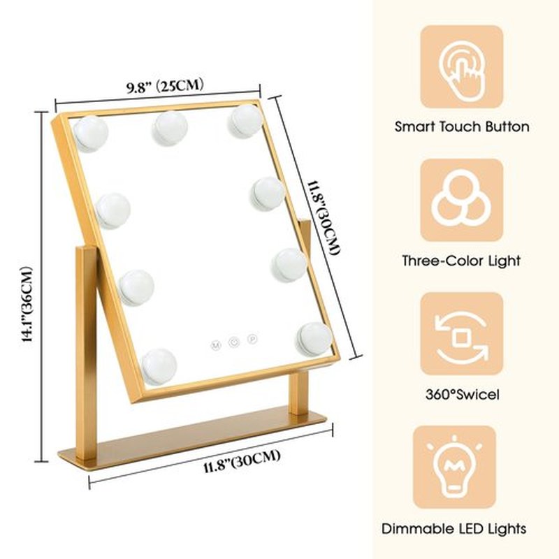 BWLLNI Vanity Mirror with Lights, Hollywood Mirror Lighted Makeup Mirror with 9 LED Bulbs, Touch Control Design 3 Colors Dimmable Bulbs Detachable 10X Magnification 360°Rotation(Gold)