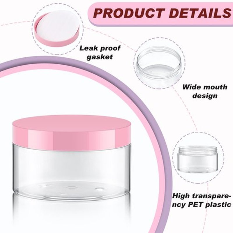 Dandat 24 Pcs Plastic Jars with Lid and Label PET Cosmetic Containers Leak Proof Empty Cosmetic Jars Refillable Storage Travel Jars for Lotion Cream Gel Powder Ointment(Clear with Pink Lid,8 oz)