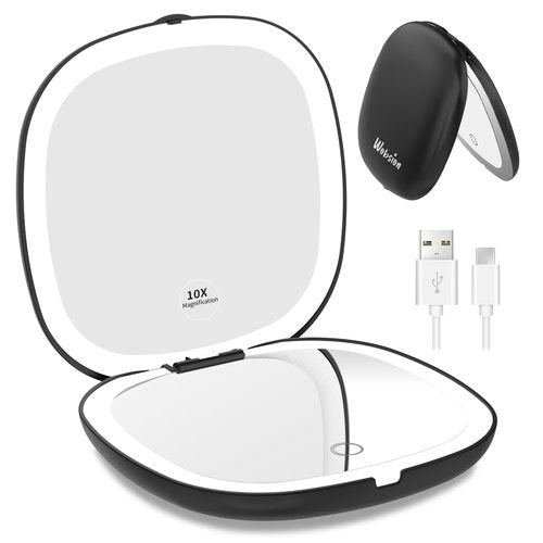 wobsion Lighted Makeup Mirror with Magnification,Rechargeable 1x/10x Travel Mirror,Portable Comapct Folding Mirror for Bag,Gift,Black