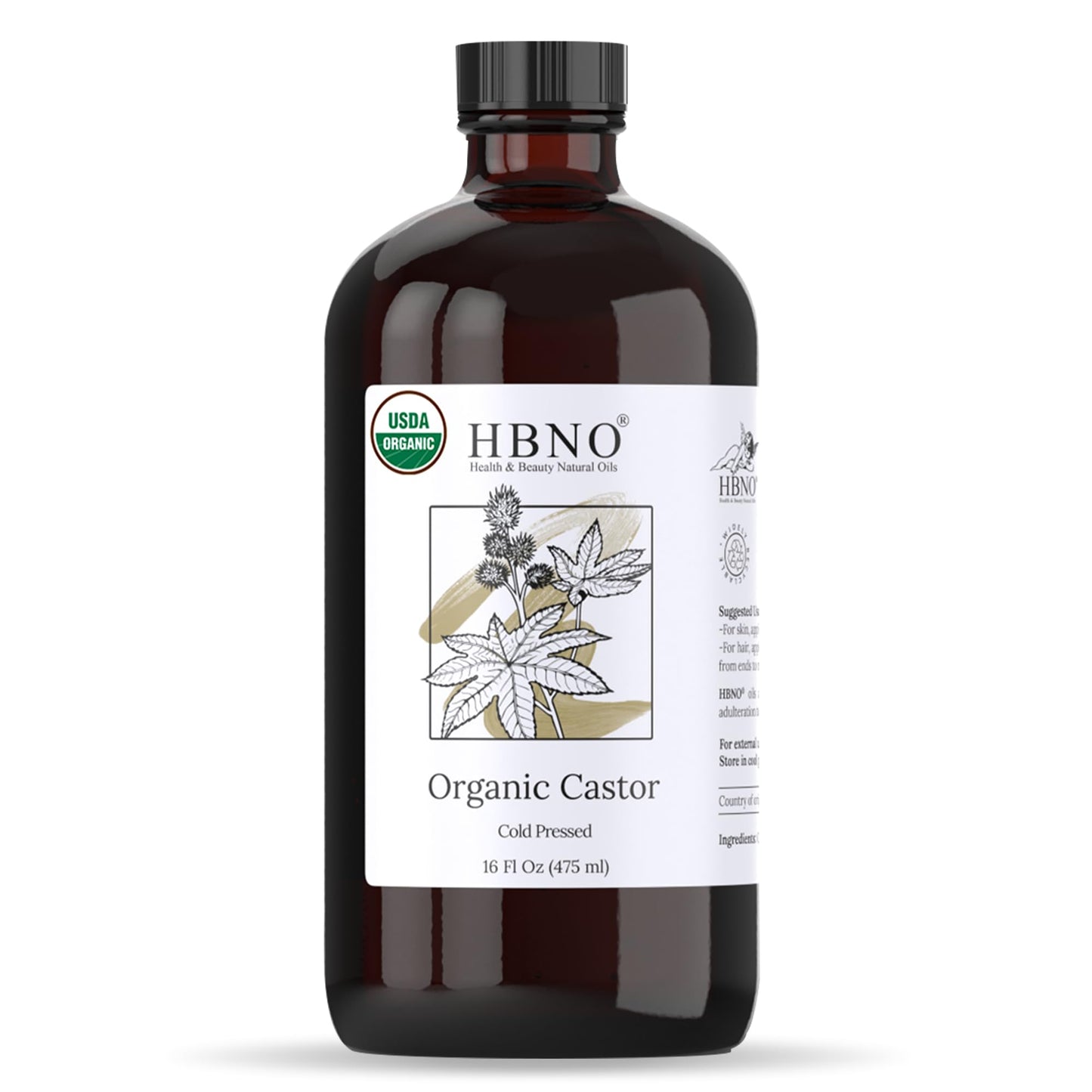 HBNO Organic Castor Oil - 16 oz (475ml) Value Size - Ideal for Shampoos, Conditioners, Mouth Washes, Face wash, Lotions, and Skin care products (Glass Bottle)