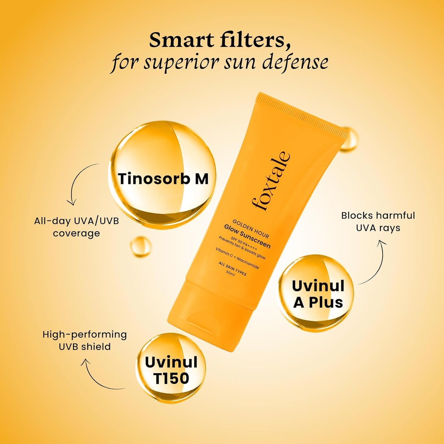 Fox.tale SPF 50 Glow Sunscreen with Vitamin C and Niacinamide, Golden Hour Glow