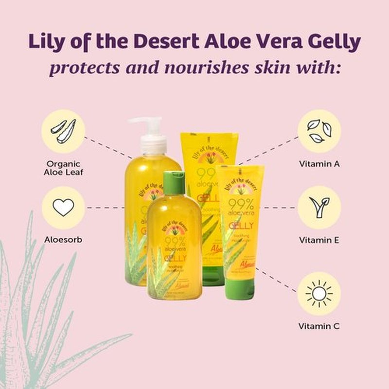 Lily Of The Desert Gelly Moisturizer - 99% Organic Aloe Vera Gel for Skin, After Sun Care with Aloe, Vitamin E Oil, and Vitamin C for Sunburn Relief, 8 Fl Oz