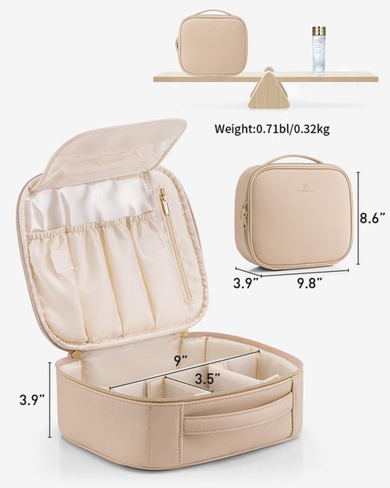 Vlando Travel Makeup Bag, Large Capacity Cosmetic Bag for Women PU Leather Makeup Case Organizer Portable Make up Bag with Dividers and Handle for Girls,Wedding,Makeup Brushes Milk Tea