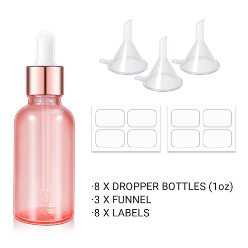 UMETASS 1 oz Glass Dropper Bottles, Pipette Bottles, Tincture Bottles with Dropper, Pink Glass Eye Dropper Bottles, Leakproof Glass Serum Bottles for Travel Essential Oils（8 Pack）