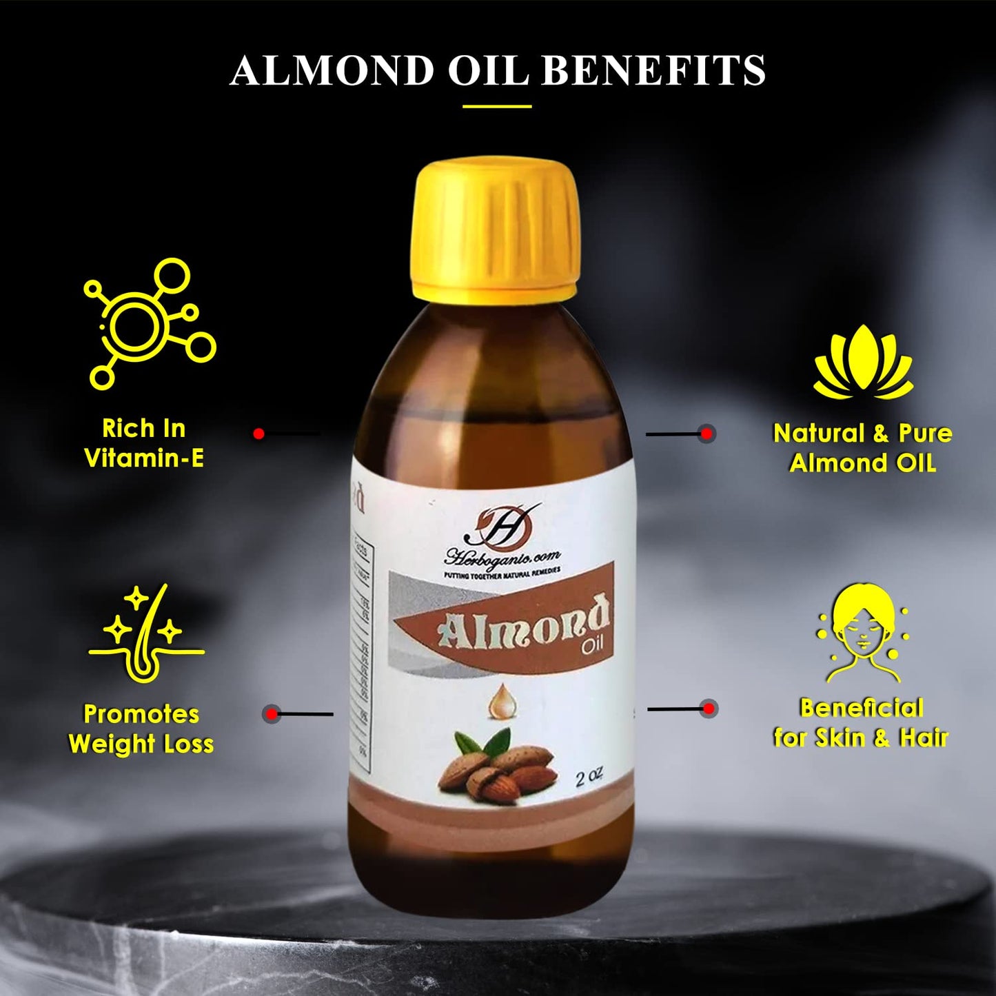 HERBOGANIC Pure Almond Oil, Natural Body Oil for Skin and Hair, Moisturizing Almond Oil for Face,Promote Glowing and Healthy Skin- 2 Oz Bottle