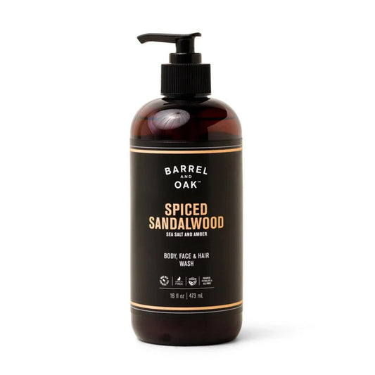 Barrel & Oak All-in-One Wash for Face, Hair, & Body, Vegan & Hydrating Face, Shampoo and Body Wash for Men, Grooming Kit Gifts for Men, Spiced Sandalwood, 16 oz