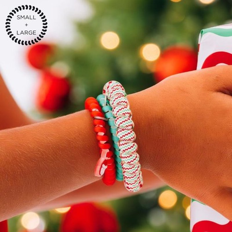 TELETIES - Large Spiral Hair Coils - Holiday Collection - Ponytail Holder Hair Ties for Women - Phone Cord Hair Ties - Strong Grip, No Rip, Water Resistant, No Crease - 3 pack - Santa Baby