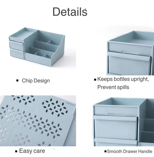 Simbuy Makeup Desk Organizer With Drawers —Countertop Bathroom Skincare Organizer for Cosmetics, Vanity Holder for Lipstick, Brushes, Lotions, Eyeshadow, Nail Polish and Jewelry-Blue