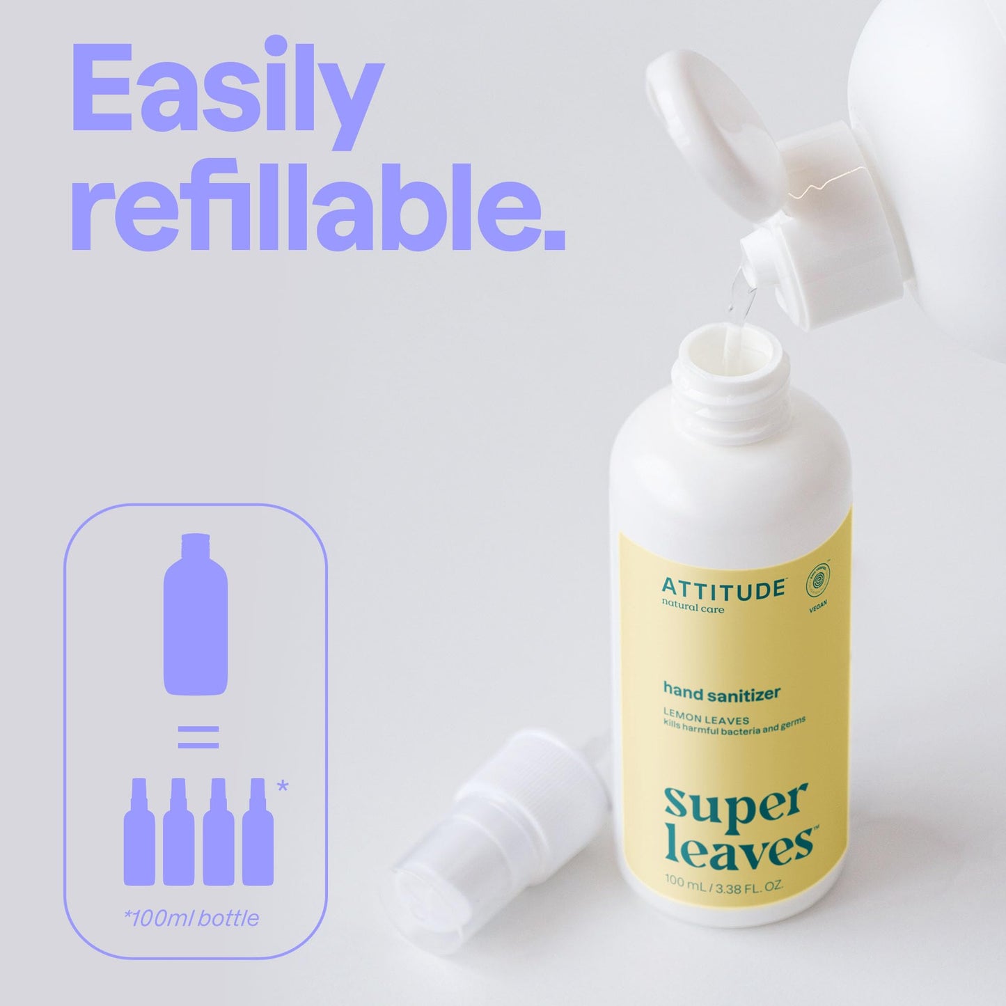 ATTITUDE Hand Sanitizer Spray, EWG Verified, Kills Germs & Bacteria, Vegan & Plant-Based, Safe for Adults & Kids, Earl Grey & Fresh Cucumber Scent, 3.38 Fl Oz (Spray Bottle)