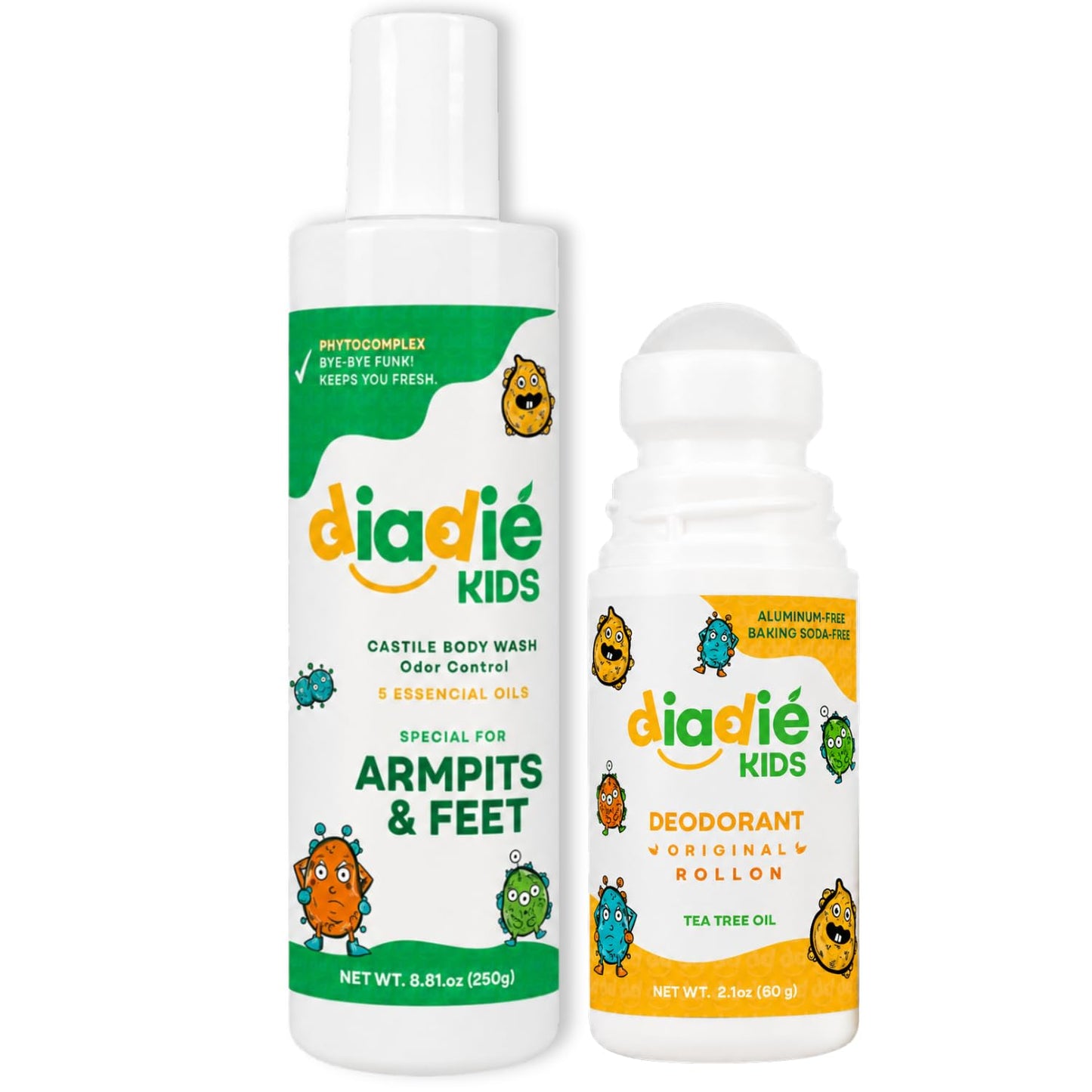 Diadié Kids Natural Mix pack Natural deodorant rollon and a Castile Liquid Body Odor Soap/Wash, For Armpits, feets, body odor protection, 5 Essential Oils, 2 Pack