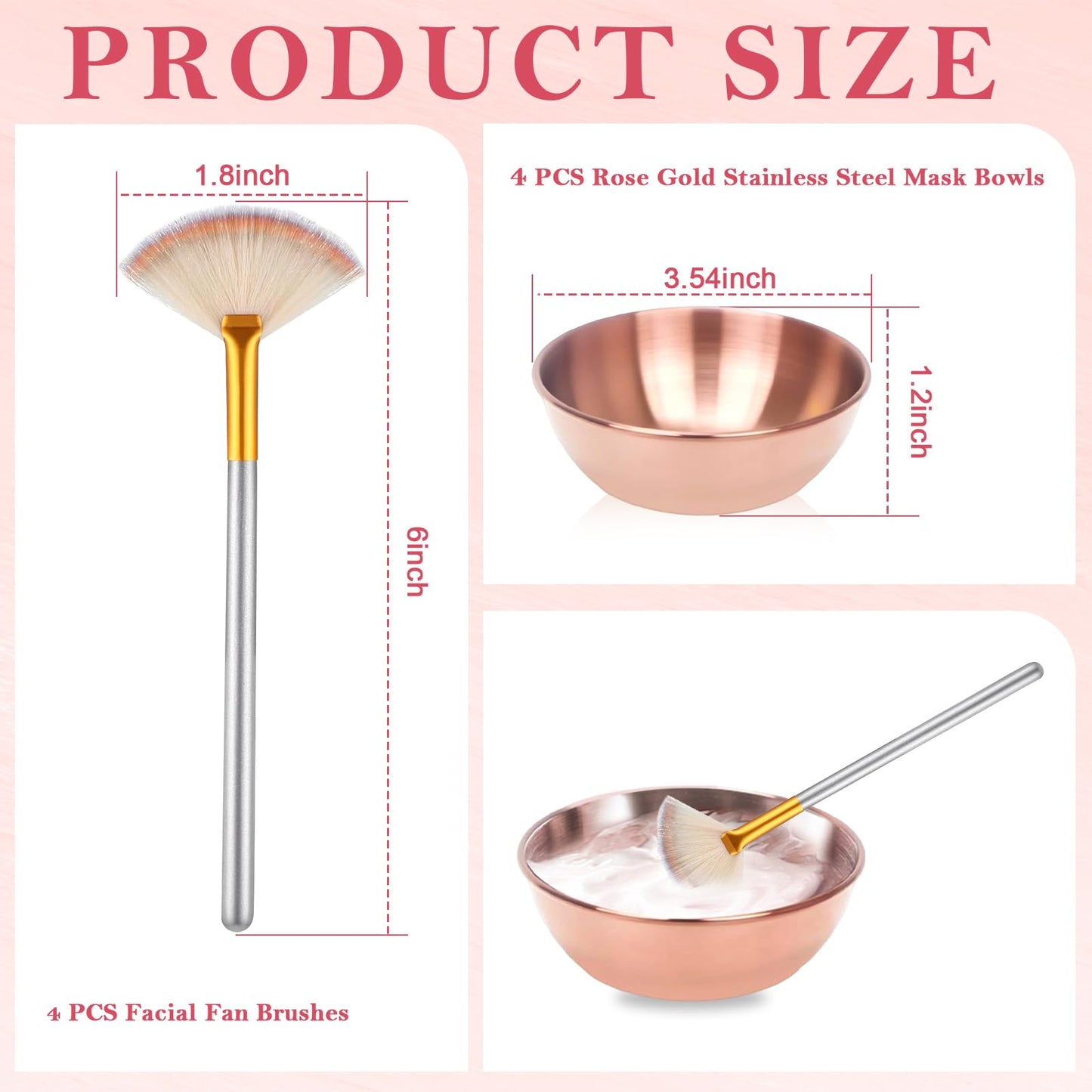 8 Pcs Rose Gold Esthetician Supplies 4 Facial Fan Brushes Esthetician 4 Rose Gold Stainless Steel Mixing Bowls Face Mask Brush Facial Bowls Esthetician for Mud Cream Makeup Spa Salon Women