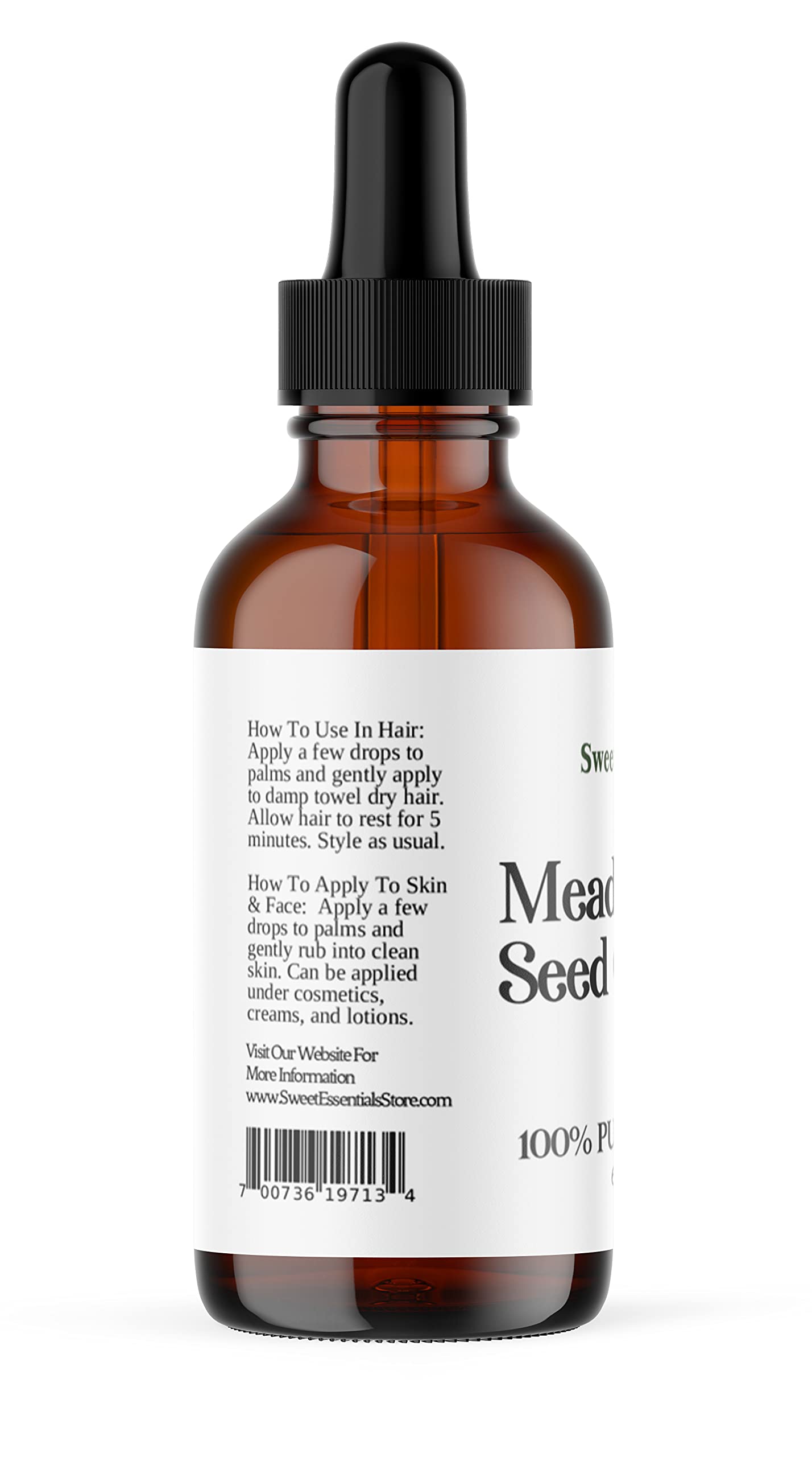 Sweet Essentials Premium Organic Meadowfoam Seed Oil, Imported From Canada, 2oz Glass Bottle, 100% Pure, Cold Pressed - For Hair, Skin and Nails | Perfect Carrier Oil | Also Excellent For Mature Skin