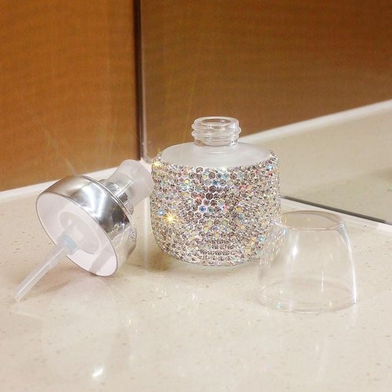 Rhinestone Travel Portable 30ml Lotion Dispensing Empty Bottle - Luxury Bling Glass Cosmetic Empty Container - Press Pump Design for Easy Dispensing - Ideal for Beauty On-The-Go (Pink)