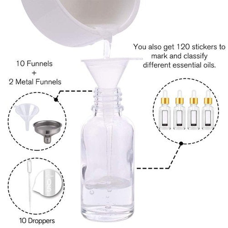 PrettyCare Eye Dropper Bottle 2 oz (63 Pack Clear Glass Bottles 60ml with Golden Caps, 2 Extra Eye Droppers, 120 Labels, 10 Funnel & Measured Pipettes) Empty Tincture Bottles for Essential Oils