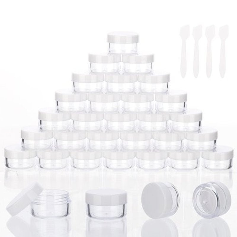 5 Gram Sample Containers with White Lids, 50 Count 5ML Sample Jars, Empty Cosmetic Containers with Lids, Small Makeup Travel Containers for Glitter, Lotion, Cream, Beads, with Labels, Mini Spatulas