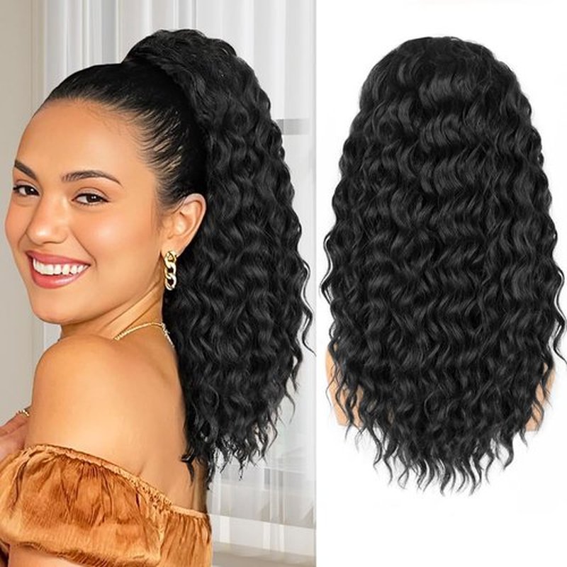 ALXNAN Wavy Curly Ponytail Extension, Long Soft 18" Black Drawstring Ponytai for Black Women Natural Synthetic Hairpiece Thick For Daily Use