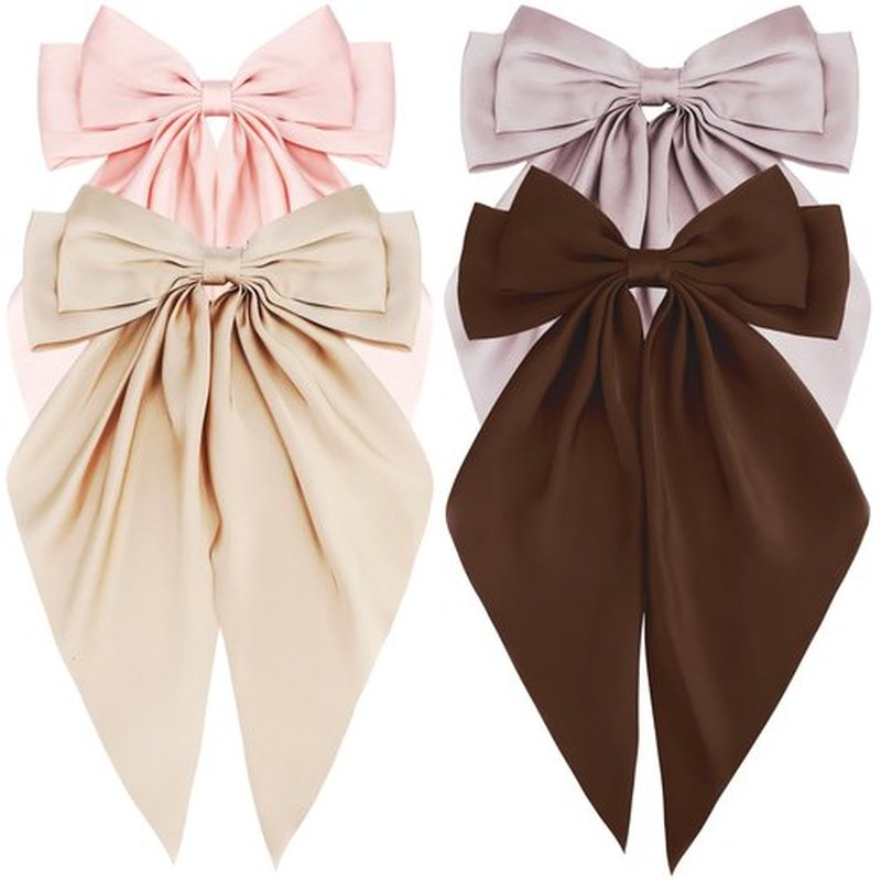 Atoden Hair Bows Silky Satin Bows for Hair Ribbons 4Pcs Coquette Oversized Long Tail Hair Bow Clips Barrettes Neutral Big Bowknot Hair Accessories for Women Girl Trendy Stuff Gifts