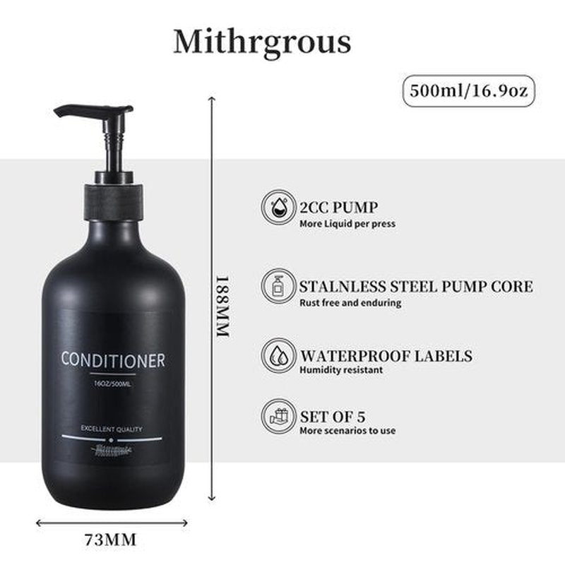 Reusable Shampoo and Conditioner Bottles (5Pack Matte Black) for Shower, Plastic 16.9oz