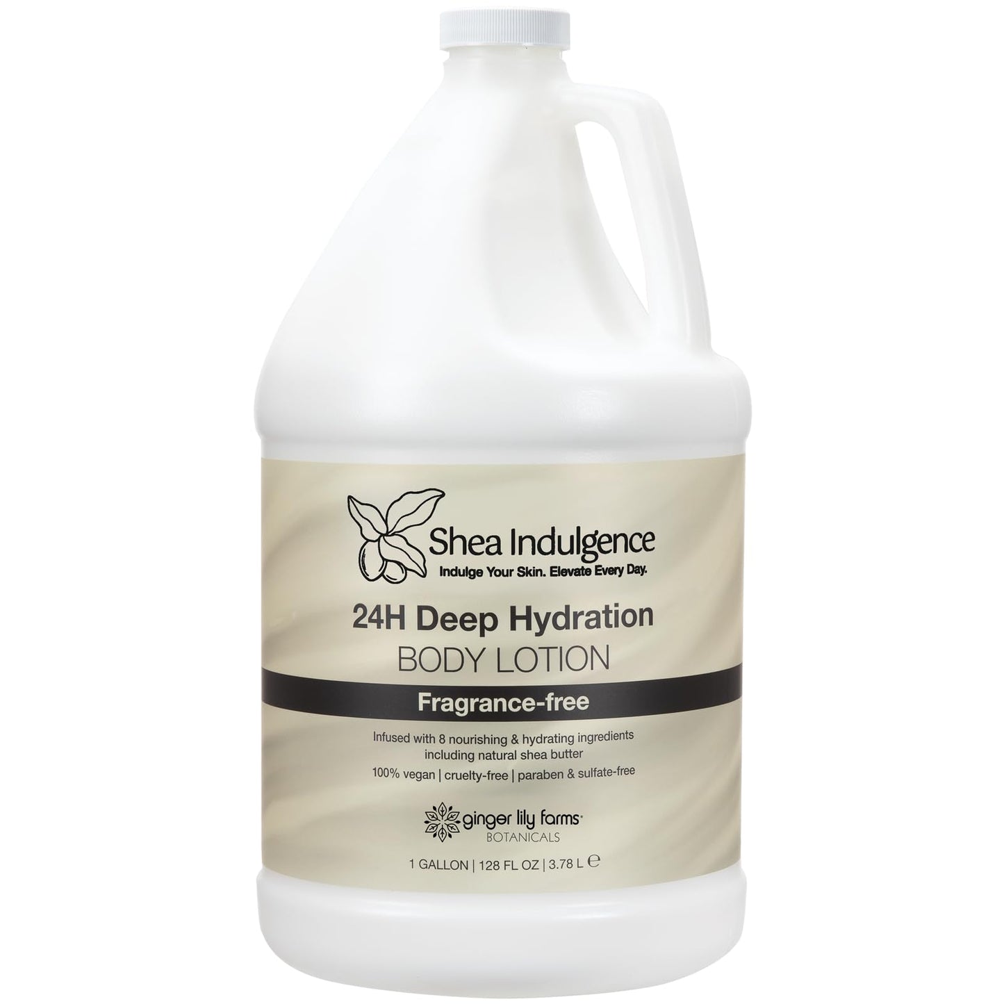 Ginger Lily Farms Botanicals Shea Indulgence 24H Deep Hydration Body Lotion, 100% Vegan & Cruelty-Free, Fragrance-Free, 1 Gallon (128 fl oz) Refill