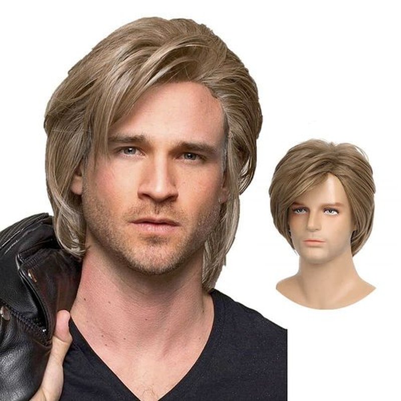 Swiking Men Wigs Light Brown Layered for Male Guy Short Fluffy Natural Hair Synthetic Halloween Cosplay Costume Party Full Wigs(Light Brown)