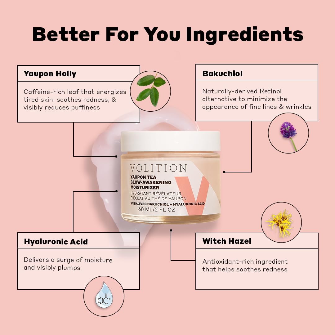 Volition Beauty Yaupon Tea Glow-Awakening Moisturizer with Bakuchiol + Hyaluronic Acid | Caffeinated Facial Cream Energizes Tired Skin | Natural Retinol Alternative Reduces Look of Wrinkles (2 fl oz)