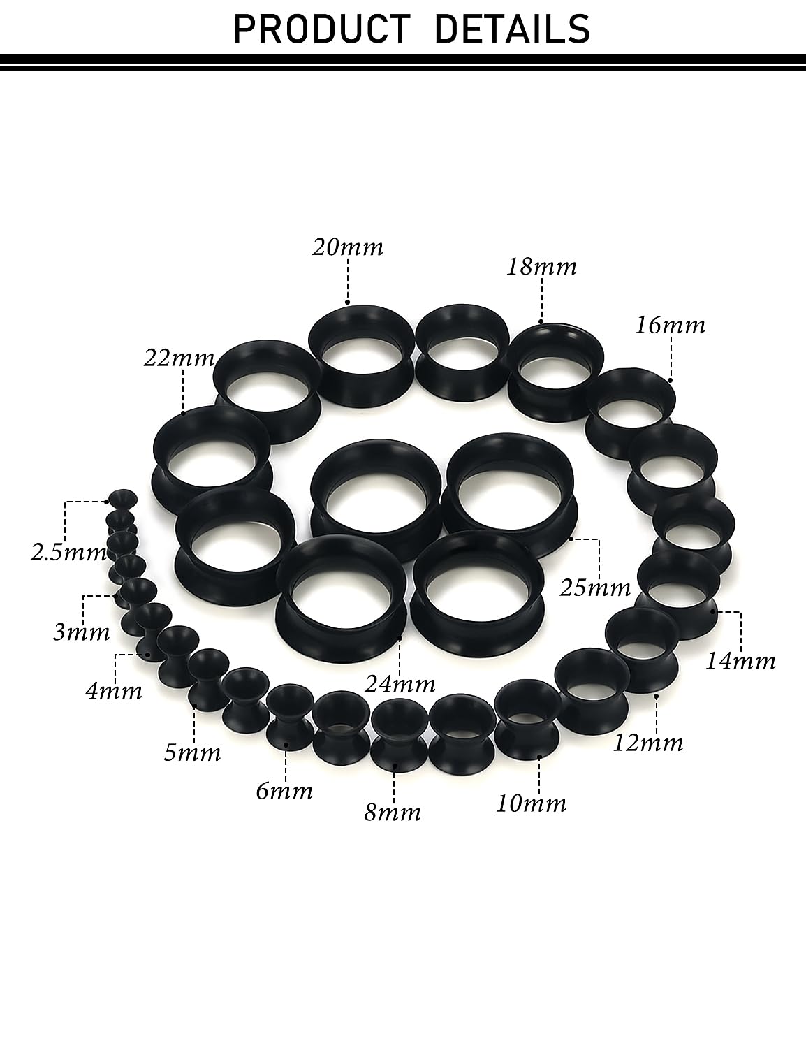 Kwoencxi 10G-25mm Black Silicone Gauges Tunnels Stretching Kit 10G 8G 6G 4G 2G 0G 00G 12mm 14mm 16mm 18mm 20mm 22mm 24mm 25mm Rubber Ear Gauges Tunnel Plug Earring Stretch Gauging Gage Kit Women Men