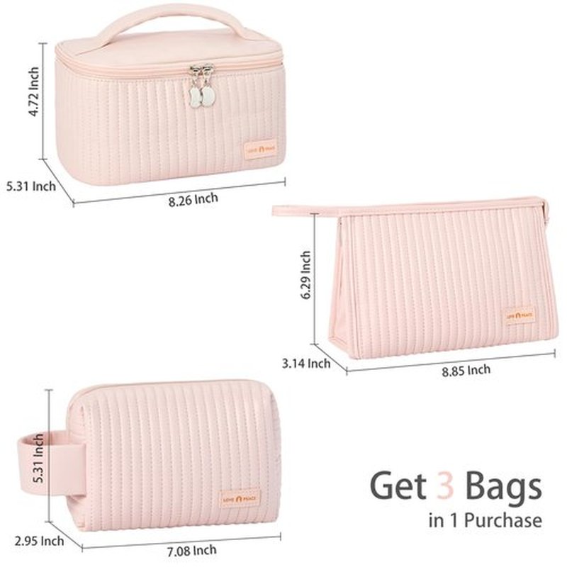 MIRASON Makeup Bag Set of 3 Cute Cosmetic Travel Toiletry Bag Organizer Pouch Set for Women PU Leather Waterproof Toiletry Bag 3 Piece Set, Light Pink